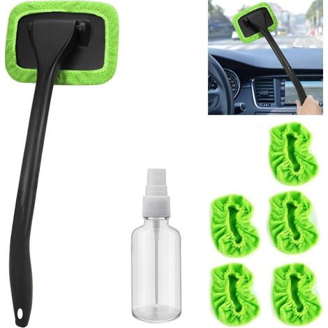 Outil de nettoyage de pare-brise de voiture, lave-glace, livré avec 5 tampons en microfibre lavables et réutilisables et une poignée amovible, convient aux essuie-glaces de voiture (vert). (1/4)