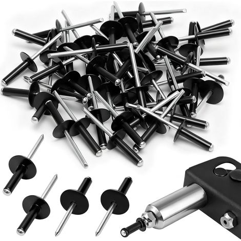Lot de 50 rivets aveugles à grande bride 4,8 mm x 20 mm, rivets noirs à tête bombée en aluminium pour métal, meubles, bois, plastique, bricolage automobile et utilisation marine (1/5)