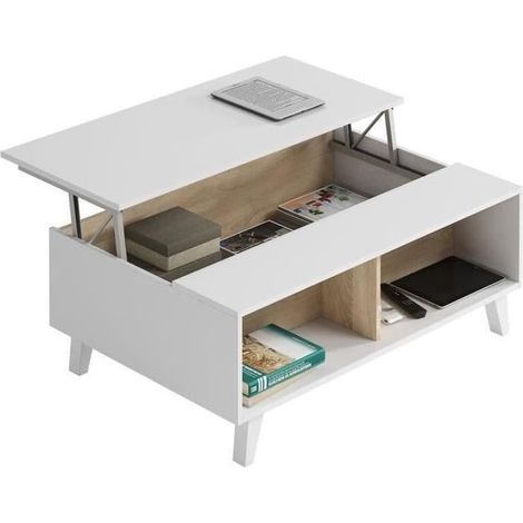 Table basse relevable Blanc brillant et chêne canadien, dimensions : 100 x 38/48 x 68 cm (l x H x P). (1/3)