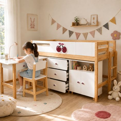 Letto Combinato GINGER HOME CHERRY con Scrivania, Cassettiera, Armadio e Rete, 90×200 cm (1/5)