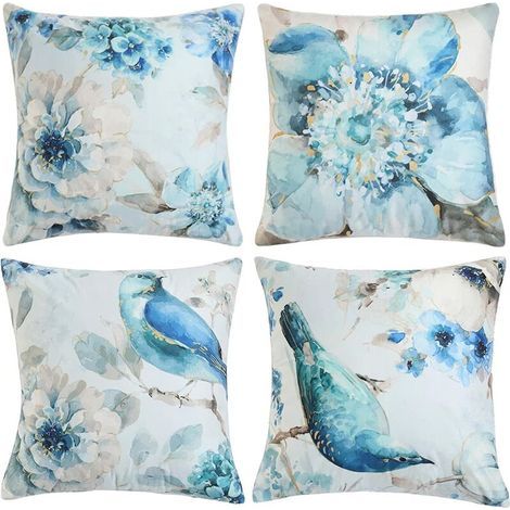 GENERIC-4 pièces de housse de coussin coussin carré décoratif avec motif de fleurs et d'oiseaux 45 x 45 cm canapé voiture décoration de la maison housse de coussin bleu (1/5)