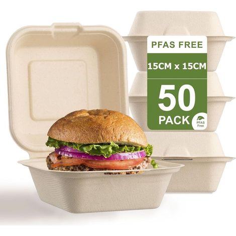 50 Pièces Conteneurs Alimentaires à Clapet, 15CM x 15CM Boîtes à Emporter Bagasse Contenants Alimentaires 100% Compostables Bols à Charnière Jetables pour Quotidien Restaurants Barbecue Usage (1/5)