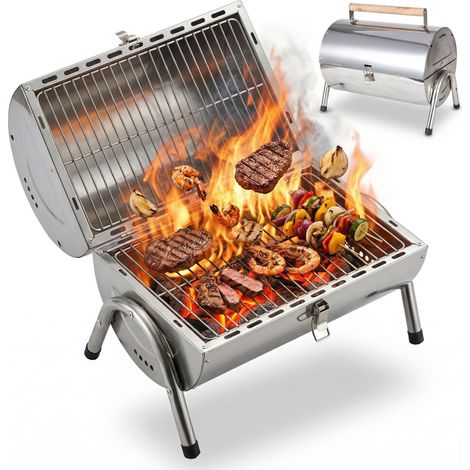 Parrilla de mesa Relaxdays, 2 superficies 34×21,5 cm, plegable, ahumador, mango madera, acero inoxidable, plateada