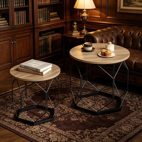 Lot de 2 tables basses rondes - 50x50x45 cm - Tables d'appoint fixes paniers de rangement coffre amovible metal - Gris et bois (1/5)