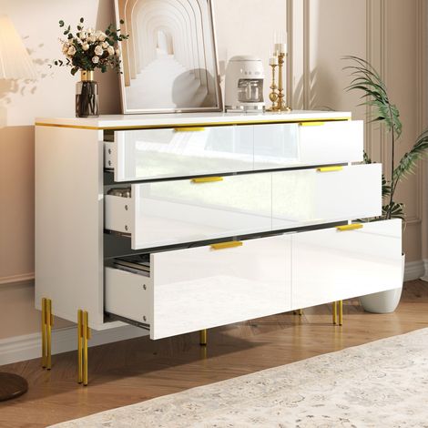 REDOM Buffet 120x40x85.5cm design moderne blanc or panneau de particules 6 tiroirs façades haute brillance (1/5)