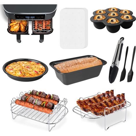 Air Fryer Accessories Set of 9, Deluxe Deep Fryer Accessories, Double Pot Grill Rectangular Oven Grill Steamer Rack Oil Paper Bowl (1/5)