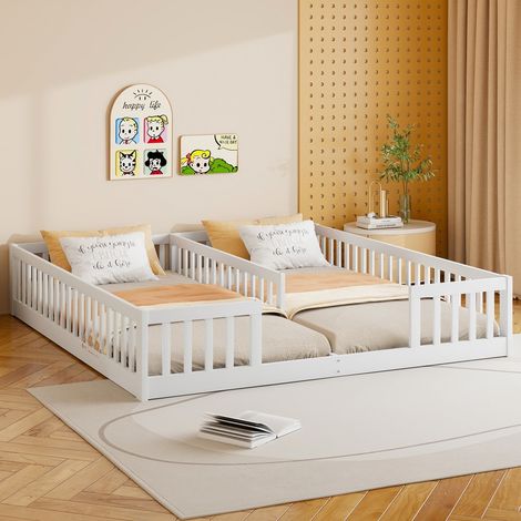 Lit Double Enfant 2x 90x200cm - Lit Jumeaux au Sol en Bois avec Sommier à Lattes et Barrières de Sécurité - Blanc (1/5)