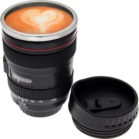 BAKAJI Mug Camera zoom Lens Tazza in acciaio forma obiettivo 350 ml teleobiettivo colore nero (1/4)