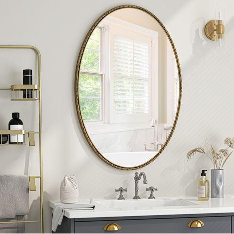 MODFU – Specchio da parete ovale in ferro dorato con vetro e MDF, posa verticale o orizzontale, per bagno o camera – Dorato (1/5)
