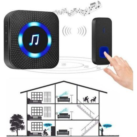 Sonnette sans fil étanche IP55 avec portée 300m, 55 sonneries, 5 niveaux de volume et LED bleu (1/5)