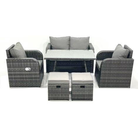 Fimous Outdoor Garden Furniture Set Rattan Sofa Dining Table Set with Reclining Chair 2 Small Footstool Dark Grey Mixed (1/5)