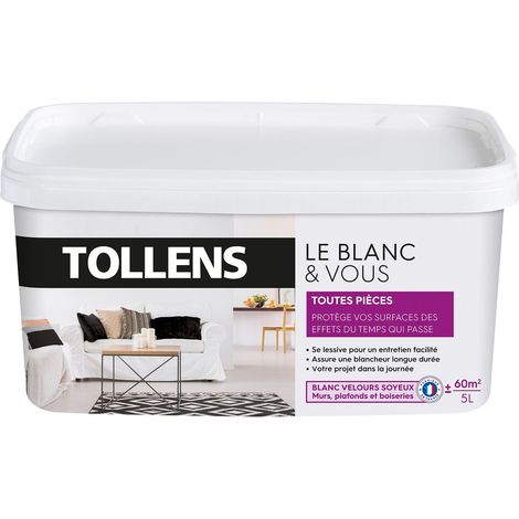 Tollens – Peinture velours blanche lessivable 5L – Pour murs, plafonds et boiseries – Séchage rapide, forte opacité, 60m²