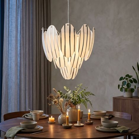 Suspension en verre blanc Suspension table à manger en verre lampe de salon à suspension moderne, abat-jour en acier rayé, 1x E27, DxH 39 x 110 cm (1/5)