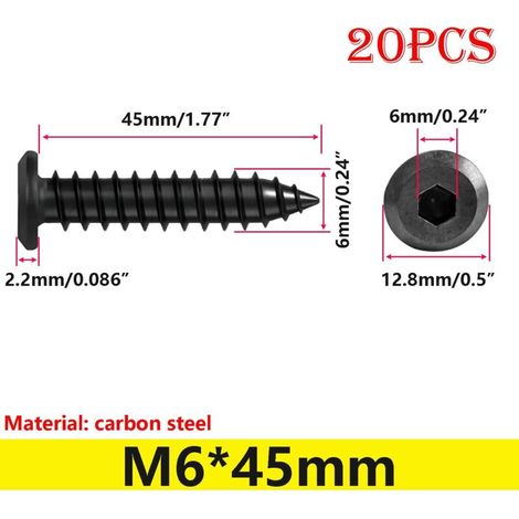 20 pezzi di viti autofilettanti a testa piatta M6x45mm, viti per legno con esagono incassato, per plastica, legno, metallo, nere