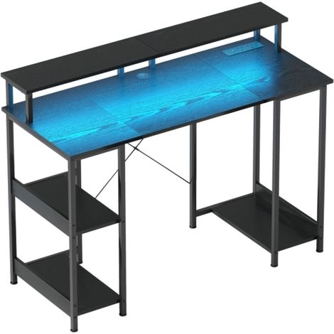 Black LED Computer Desk with Power Outlets and Storage Shelves for Enhanced Workspace Organization