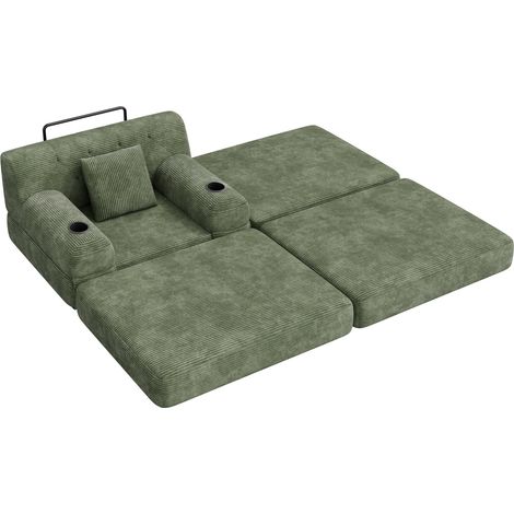 Fauteuil-lit 1 place en velours côtelé avec repose-pieds, fonction lit, dossier haut, cadre métal, couleur verte (1/5)