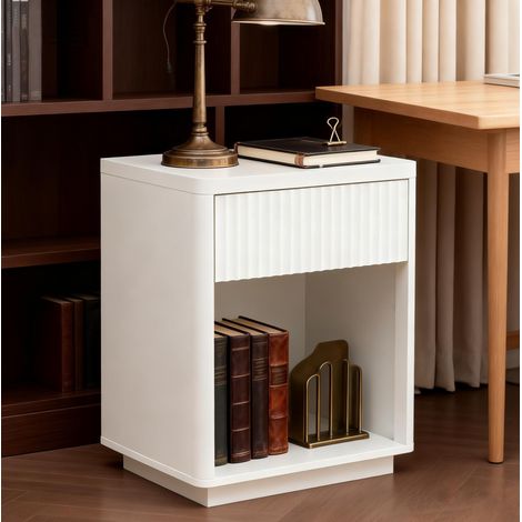 Mesita de noche moderna de MDF blanco con 1 cajón y 1 estante abierto, frontal ondulado, 63,5x38x46,5 cm (1/5)