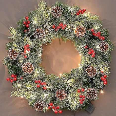 Couronne de Noël artificielle illuminée, floquée avec des décorations variées et des guirlandes lumineuses LED blanches pré-installées. (1/2)