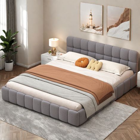 Polsterbett 160x200 cm, Einlegematratzen-Design, Jugendbett, Doppelbett mit weicher Rückenlehne, Flachbett mit Polsterrand, Leinen, Grau (1/5)