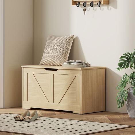 Coffre de rangement, banc de rangement avec couvercle rabattable et charnières de sécurité, 80 x 40 x 45 cm, bois naturel (1/5)