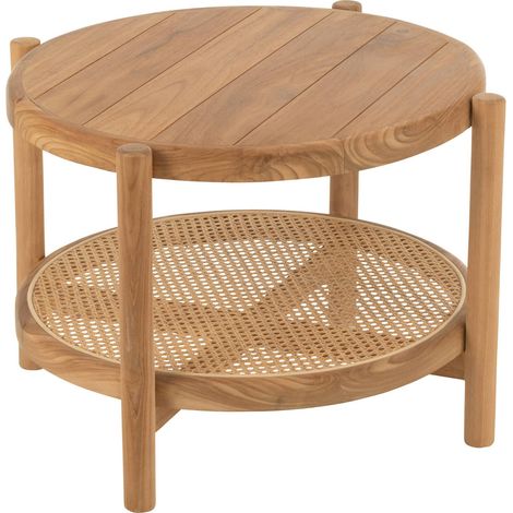 Table d'appoint ronde en teck naturel avec étagère élégante - Teck naturel clair et beige (1/5)