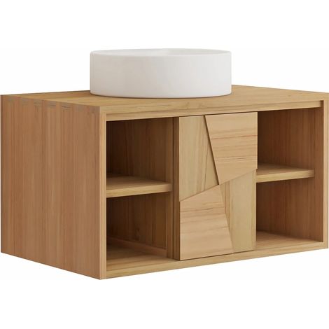 Mobile bagno sospeso in teak con lavabo da appoggio rotondo in ceramica L80 cm - SUMBAWA (1/5)