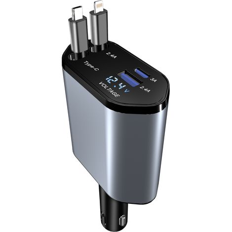 Cargador de coche para iPhone, encendedor de cigarrillos, USB C, USB A, carga rápida, máx. 120 W, 2 cables retráctiles para iPhone 15, iPad, Galaxy, Google - Cargador de teléfono portátil para camión, (1/4)