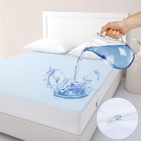 Housse de Matelas imperméable 160X200 - Protège-Matelas avec Fermeture à glissière - 6 Protections latérales, Alèse Lit Anti-acarien avec Fermeture Eclair White (1/5)