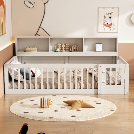Lit enfant 90x200 avec rangement latéral - pin massif - barrière sécurité - design épuré - blanc (1/5)