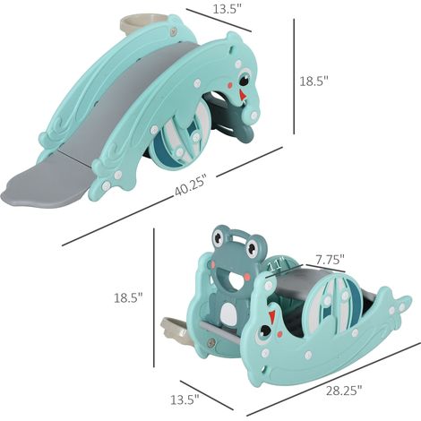 Toboggan et cheval à bascule 3 en 1 pour enfants, équipement d'activité double usage, vert, portable, pour l'intérieur et l'extérieur, avec panier de basket. (1/5)