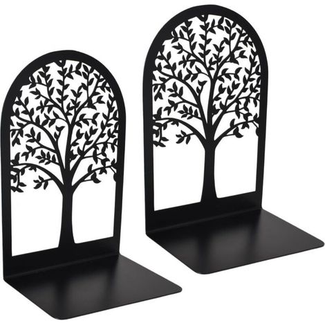 2 serre-livres métal noir design arbre, presse-livres antidérapants résistants, école, bureau, maison (1/4)