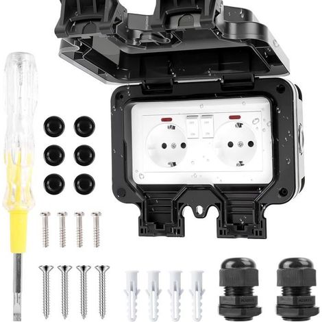 Prise Étanche Extérieure IP66 avec Interrupteur, Prise Extérieure Murale Double pour Cuisine, Salle de Bain, Garage, Piscine et (1/5)