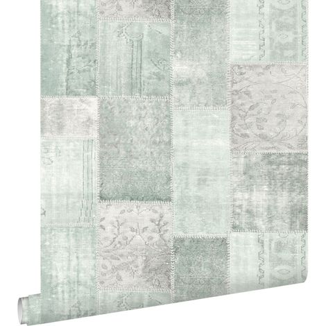 papier peint tapis patchwork kilim oriental vert menthe pastel clair grisé  - ESTAhome (1/5)