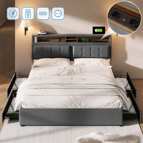 Lit double rembourré 140x200 cm — 4 tiroirs, prise USB-C, tête réglable, sommier à lattes, lin gris (sans matelas)