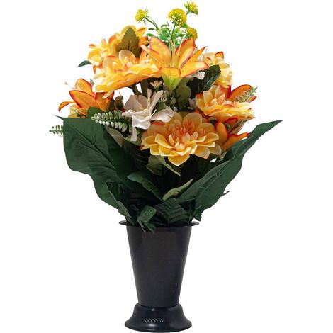 Pot Cône de Lys fleurs artificielles pour le cimetière H 45 cm D 30 cm Jaune-orange - couleur: Jaune-orange