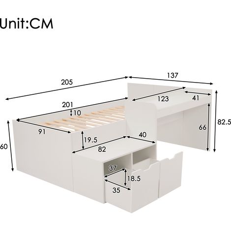 Lit pour enfant 90x200 cm en bois massif blanc, avec bureau intégré et tiroirs de rangement, sommier inclus, conçu pour filles et garçons (matelas non fourni) (1/4)