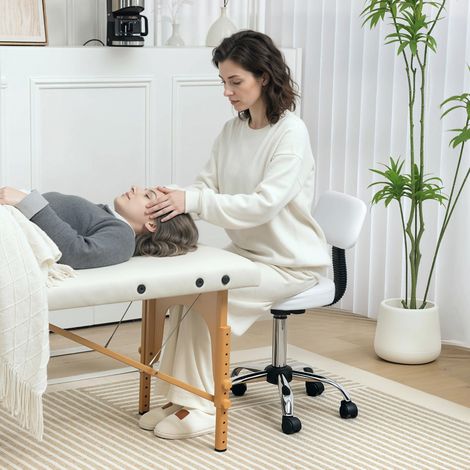 Tabouret pivotant blanc avec dossier et roues à hauteur réglable pour salons de beauté Studio de tatouage (1/4)