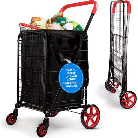 SereneLife Carrello Spesa Pieghevole Grande con Fodera Rimovibile, Carrellino con Ruote Portatutto, Portata 50 kg, Ruote 360°, per Spesa, Bucato, Viaggi, Rosso (1/5)