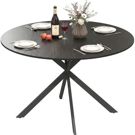 Tavolo da pranzo rotondo per 4 persone, stile industriale, gambe in acciaio, nero, ideale per la cucina o la sala da pranzo. (1/5)