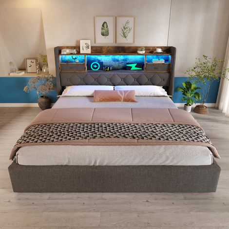 Lit coffre 160x200 LED avec USB Type-C en lin gris HAVRYA (1/5)
