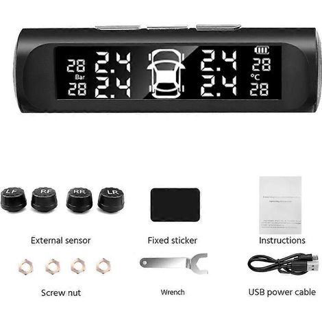 Sistema de monitoreo de presión de neumáticos (TPMS) con energía solar. Sistemas de alarma de seguridad para automóviles. Advertencia de temperatura y presión de los neumáticos con 4 sensores. (1/5)