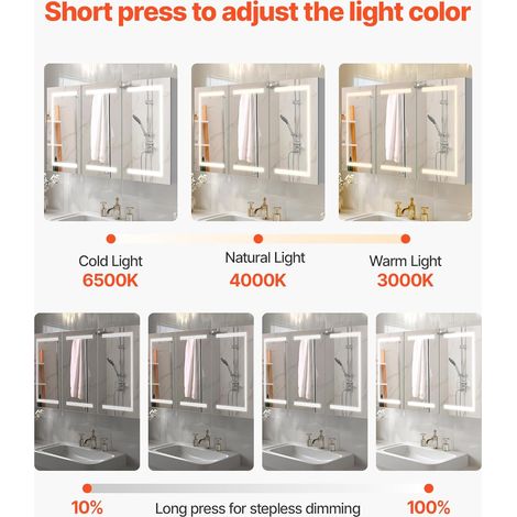 Armoire murale salle de bain 90 x 60 cm – Miroir en verre trempé, LED 3 couleurs à intensité variable, fonction mémoire – Éclairage beauté personnalisable (1/5)