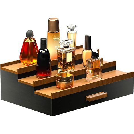 Support d'affichage de parfum, finition noyer noir, design à 3 niveaux, rangement avec tiroir, étagère à parfum organisée, décoration de bureau élégante (1/5)