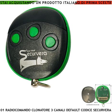 Telecomando Duplicatore 3 canali Frequenza di Trasmissione 433,92 MHz Potenza Trasmessa 1 mW Codifica di Sicurezza in default Securvera 66 Bit Led Segnalazione (1/3)