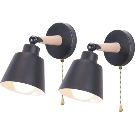 Lot de 2 Appliques Murales Rétro Vintage E27 Luminaire Plafonnier Industriel en Bois et Métal Réglable Lampe Murale Interieur avec Interrupteur Applique Moderne pour Chambre Entrée Salon (Noir) (1/5)