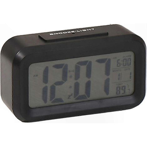 Réveil en plastique blanc avec calendrier, affichage de la température, fonction snooze et veilleuse automatique  fonctionne sur piles  affichage numérique  noir. (1/5)