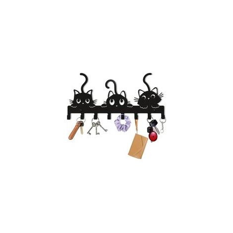 Plaque à clés moderne en métal - Patère avec motif chat - Porte-clés mural avec 8 crochets - Décoration murale pour couloir, appartement, salon et cuisine (3 chats)