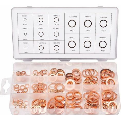 150pcs 15 Spécifications Joints Bague D'étanchéité, Rondelles En Cuivre Assortiment Kit, Cuivre Rondelles Joint bague d'étanchéité avec Boîte