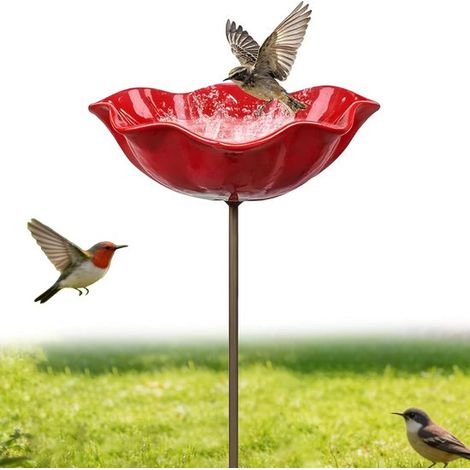 Mangeoire à oiseaux - Bain d'oiseaux - Bain d'oiseaux d'extérieur - Abreuvoir pour oiseaux - Fontaine à fleurs et bain d'oiseaux - Décoration de jardin et de pelouse - Fer - Rouge (1/5)