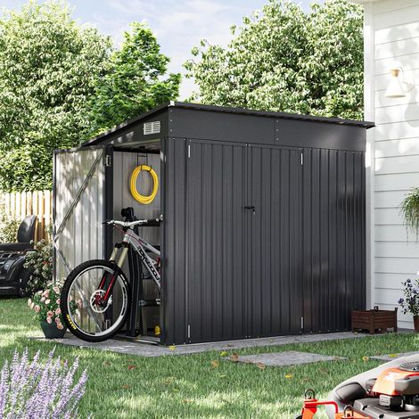 Aoxun Metall-Gartenschuppen 232 x 131 x 183 cm mit 3 Türen und Pultdach, wetterfeste Fahrradgarage für bis zu 4 Fahrräder, robuster Geräteschuppen aus verzinktem Stahl für Garten, Terrasse und Hof (1/5)